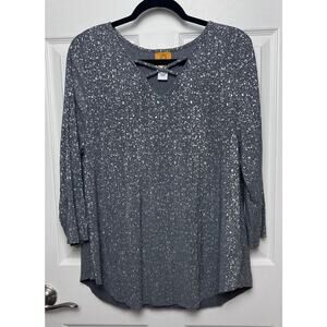 Ruby Rd. Women's Criss Cross V-Neck Metallic Shimmer Gray Silver Blouse Size L